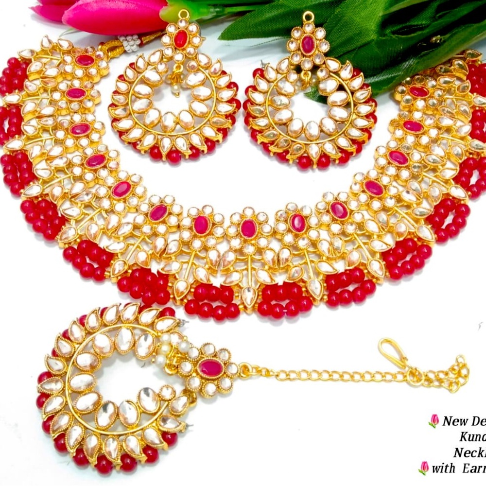 Full tikka set / earring /tikka / necklace - rose pink and gold